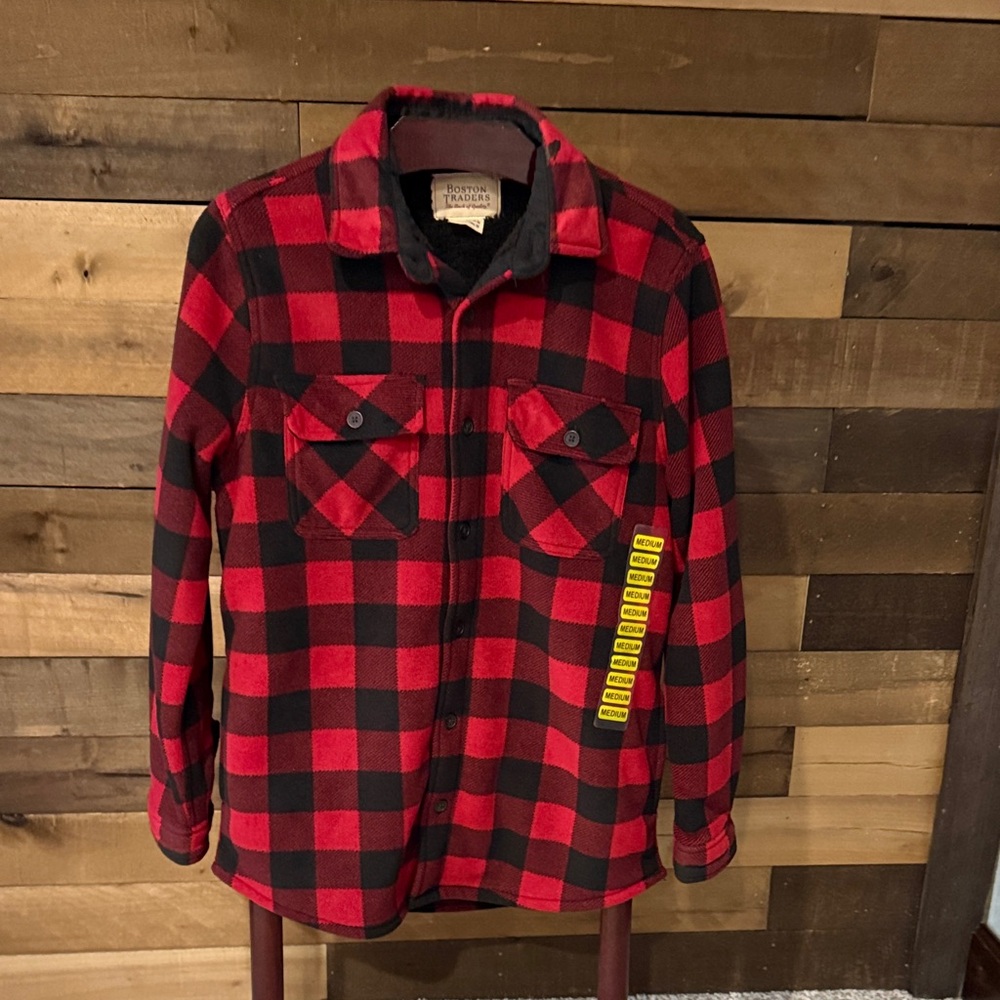 Boston Traders Men's Red and Black Checked Fleece Lined Shirt Jacket Size Medium